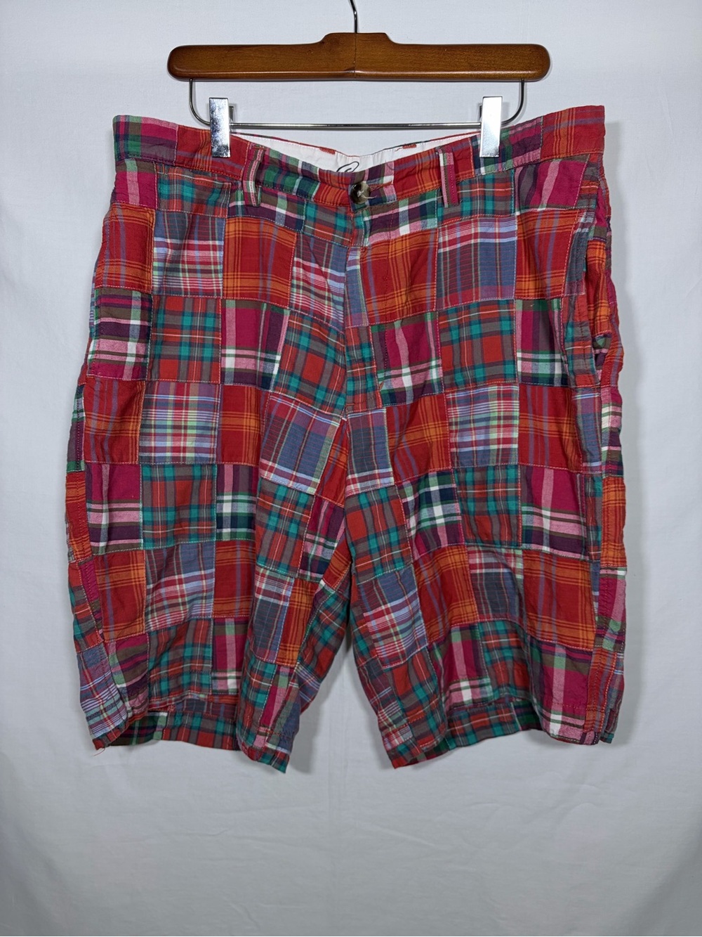 Men's Roundtree & Yorke Red Orange Plaid Patchwork Cotton Shorts Size 36